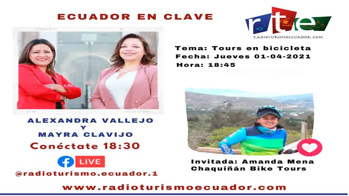 radioturismoec's tweet photo. ♀️ Amanda Mena nos invita a disfrutar del #ciclismo y compartir las bicirutas de Chaquiñán Bike Tours!🚴🏻‍♀️

En #EcuadorEnClave recorre 🇪🇨 de una manera diferente, sobre ruedas🚲con @MayraClavijoM  y Alexandra Vallejo 🎤

#Hoy🕡18h30 por▶️https://t.co/xfIl3w1VEk y vía  Facebook Live https://t.co/p3lcxSfRad