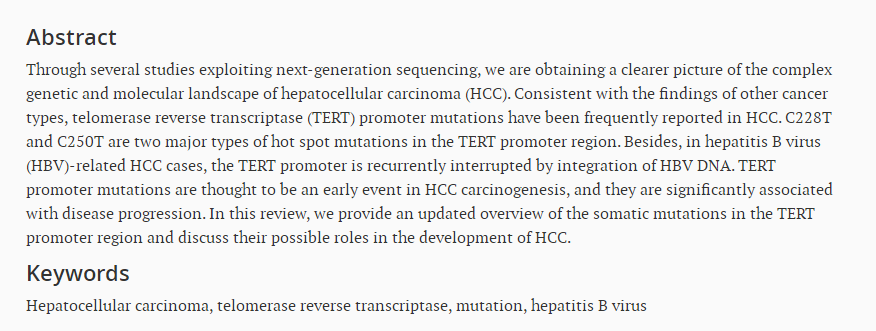 HepatomaRes's tweet photo. #Telomerase #reverse #transcriptase #mutations #HCC #HBV Telomerase reverse transcriptase promoter mutations in hepatocellular carcinogenesis: https://t.co/AMSPQ5yukV. @AmirSariaslan @fireflyann @JoseDebesMD @funstocks1 @Teclis82 @Zhu_Lab @JormaJyrkkanen Welcome to read and share https://t.co/Ky8H9FGtsF