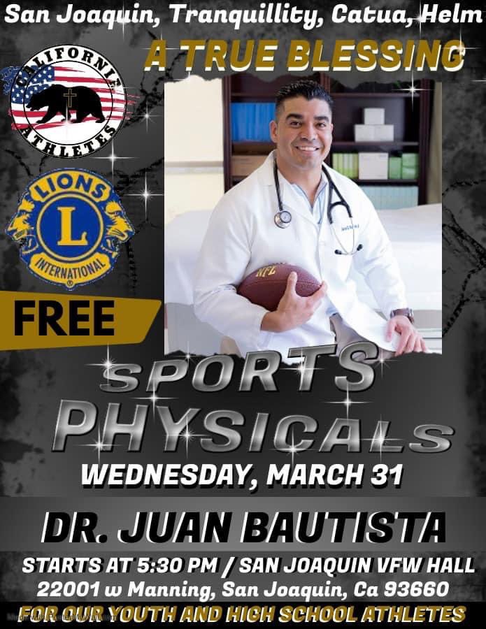 Happening NOW in San Joaquin. Need a sports physical?? Visit the center now for a free physical. Thank You Dr Bautista for your dedication to our community and students. <a href="/Mmacias963/">Martín Macías</a> <a href="/salparrajr/">Sal Parra</a> <a href="/THS_Tigers01/">Tranquillity High School</a>