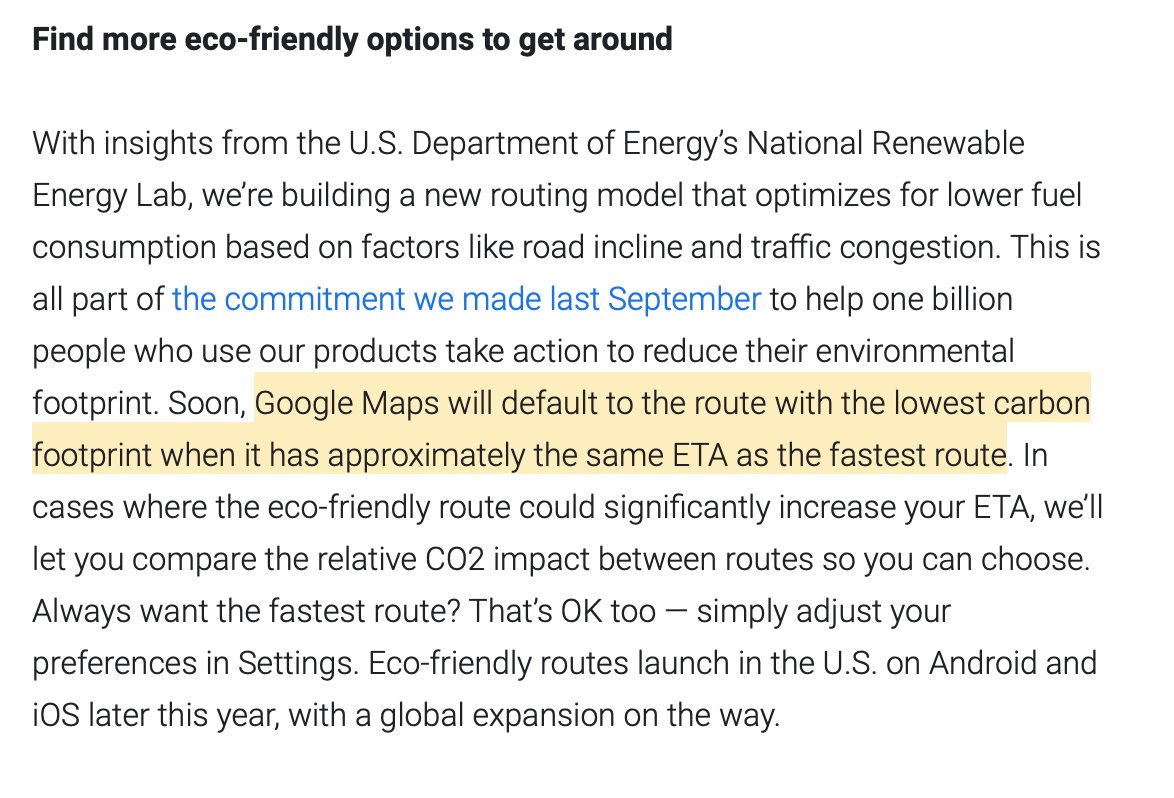 Screen shot of Google maps announcement about defaulting to the route with the lowest carbon footprint