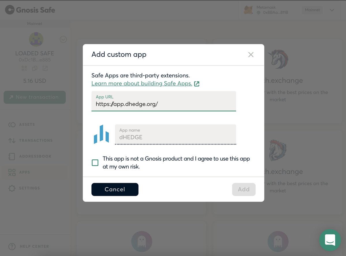relativeread's tweet photo. .@gnosisPM integration now live! Create and trade using a pool managed by multiple addresses by adding @dHedgeOrg as a #SafeApp https://t.co/VXK0Z2LpsR