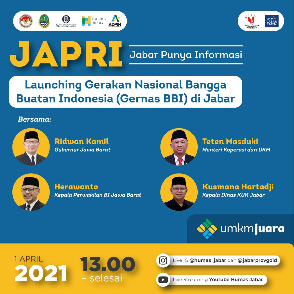 Yuk Braya KUMKM...kita belanja produk UMKM Jabar dslam mendukung Gernas BBI dan BWI 2021 di Jawa Barat.