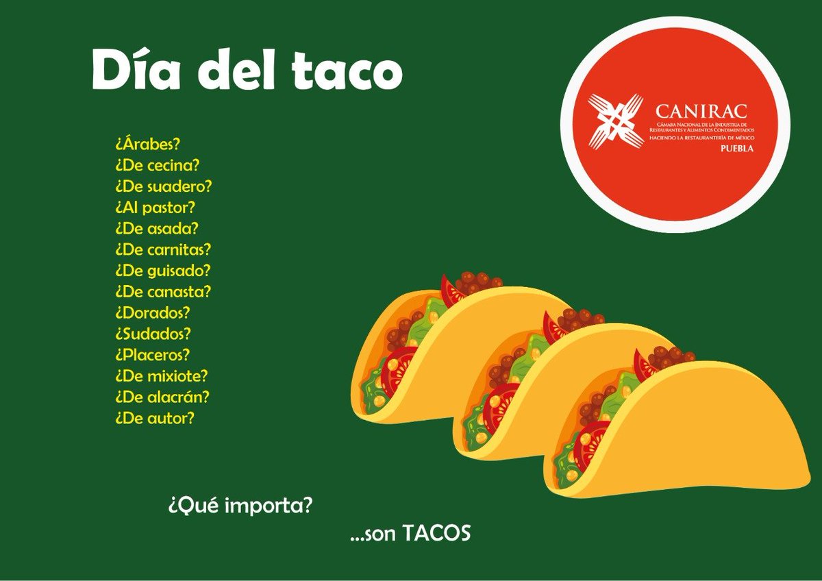 PueblaCanirac's tweet photo. Sino pudiste aprovechar la mañana y tarde para disfrutar de unos deliciosos taquitos, aún hay tiempo. 🏃🏻‍♀️🏃🏻‍♂️

¿Se te antojaron algunos al leer la lista? 🙀

#AntojoDeMiércoles😋
#DíaDelTaco
#Taqueando🌮
#FoodArt
#Foodporn🤩
#Puebla https://t.co/4zr8F6f8m6