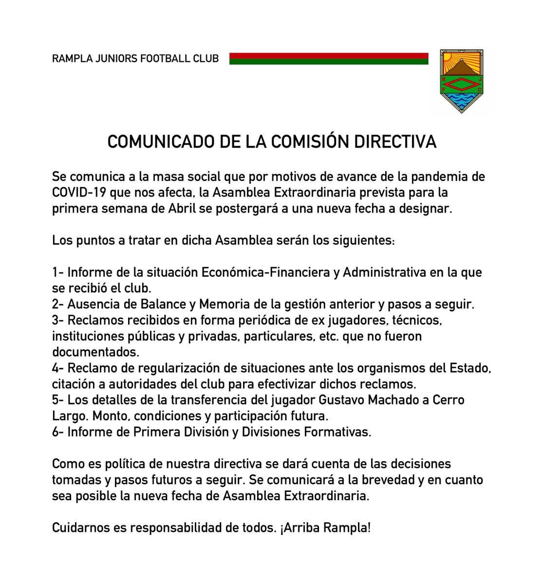 📢 COMUNICADO DE LA COMISIÓN DIRECTIVA #RamplaEsDeSuGente