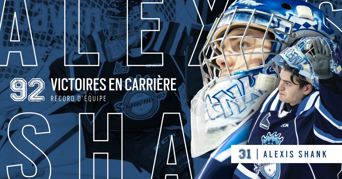 SagueneensLHJMQ's tweet photo. Alexis Shank !!! NOUVEAU RECORD D’ÉQUIPE ! 
92 victoires en carrière avec les Saguenéens. Il dépasse ainsi Félix Potvin qui détenait ce record depuis 30 ans !
#FierDetreSags https://t.co/Tf8SZxykH6