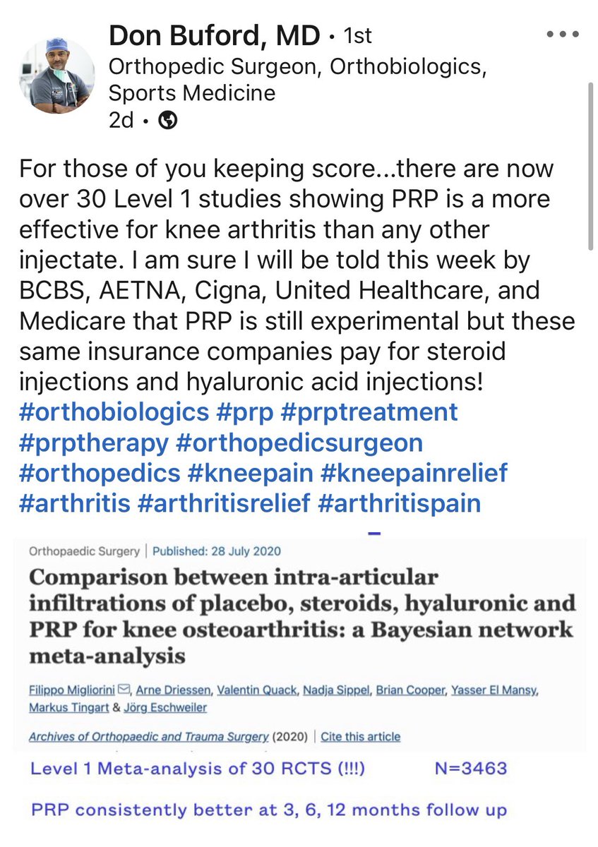 Just going to leave this right here. Calling #PRP for knee osteoarthritis “experimental” simply is not evidence based. #orthobiologics #plateletrichplasma #sportsmedicine #physiatry #osteoarthritis #knee #kneepain