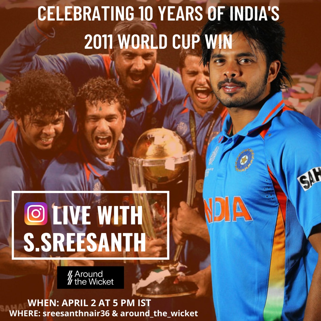 AroundWicket's tweet photo. To celebrate 10 years of India's 2011 World Cup win, we have with us @sreesanth36 for an Instagram Live where we will roll back years to Indian cricket's most glorious triumph.

#CWC11Rewind https://t.co/MGSSwpceE5