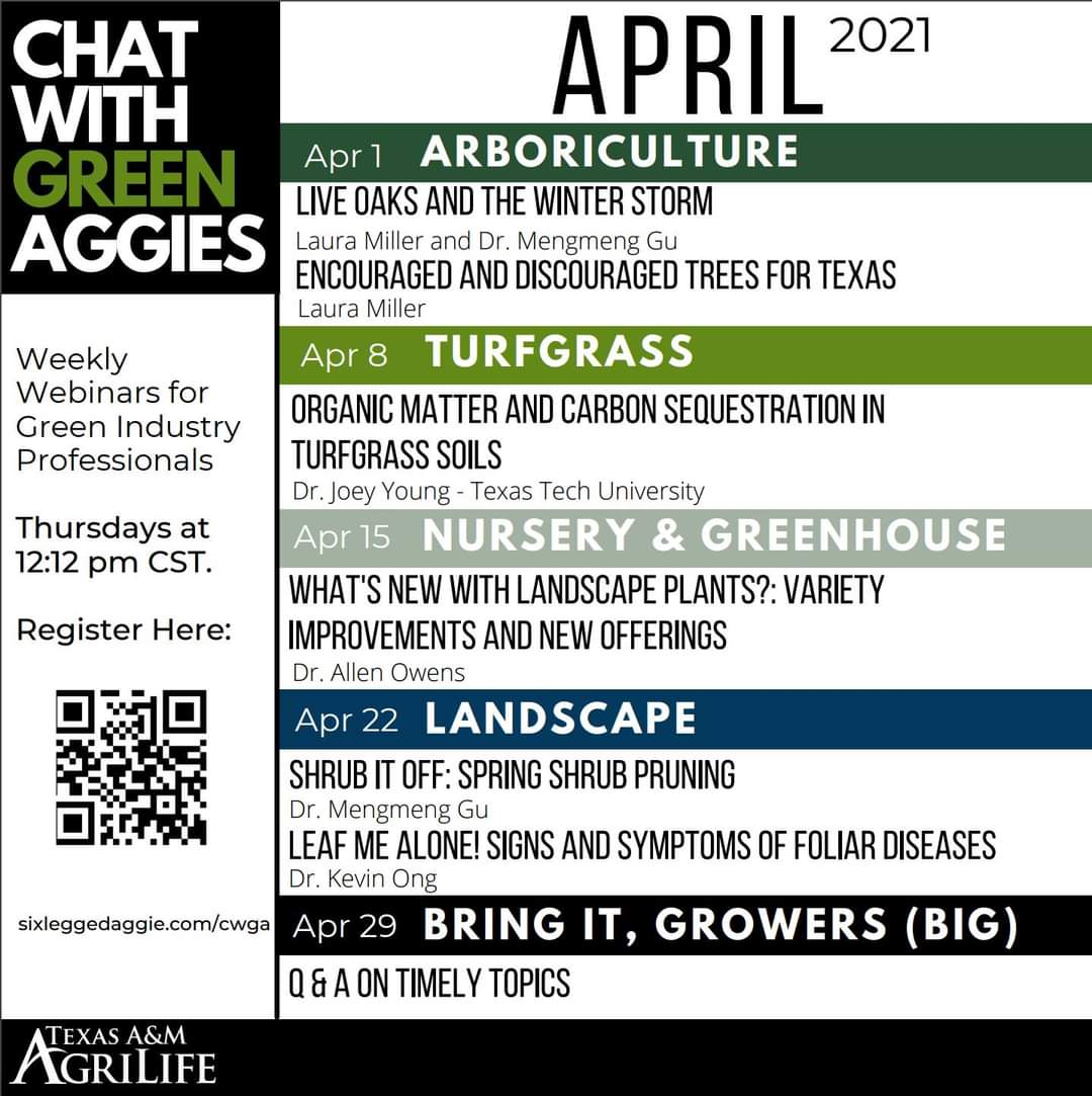 gumengmeng's tweet photo. #ChatwithGreenAggies #CWGA Chat with Green Aggies full program for April, May and June. Tomorrow April 1-----arboriculture theme. Register at https://t.co/RYYvAAsLHt for one or ALL programs.@TXWaterWoman @SixLeggedAggie @lmagersmiller @LandscapeTexas @txplantclinic https://t.co/1Ydt4JD3kI