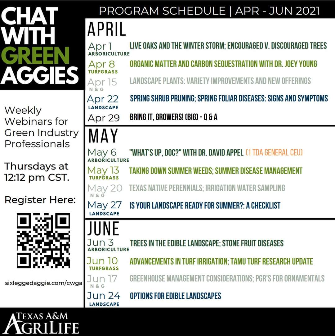 gumengmeng's tweet photo. #ChatwithGreenAggies #CWGA Chat with Green Aggies full program for April, May and June. Tomorrow April 1-----arboriculture theme. Register at https://t.co/RYYvAAsLHt for one or ALL programs.@TXWaterWoman @SixLeggedAggie @lmagersmiller @LandscapeTexas @txplantclinic https://t.co/1Ydt4JD3kI