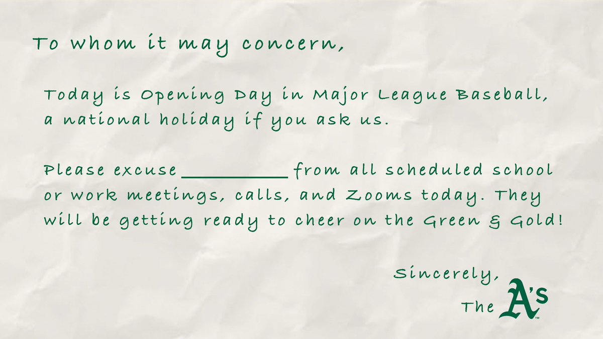 DaveKaval's tweet photo. A’s fans! Zoom fatigue? Please use this note tomorrow to ensure you are ready for Opening Day at the Coliseum! @Athletics #OpeningDay 💛💚💛💚⚾️⚾️⚾️ #RiseAndGrind https://t.co/iN0coY5KpA