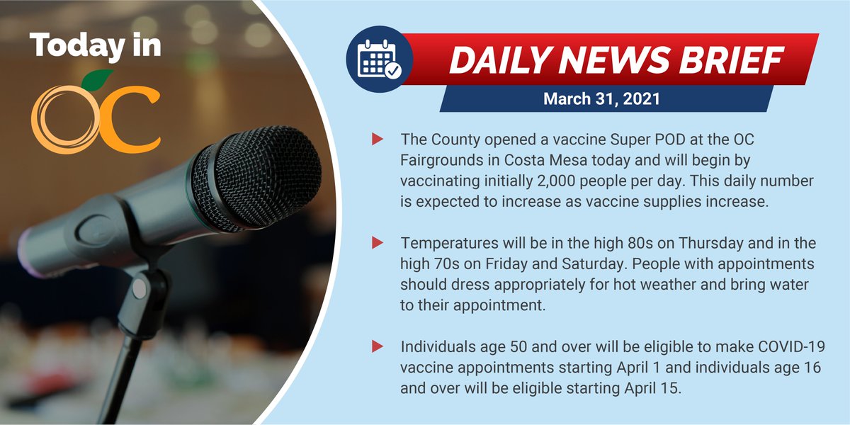 Good evening, #OC 🍊. Here are the top three #OCCOVID19 vaccination messages you need to know from <a href="/ochealth/">OC Health Care Agency</a> and <a href="/OCGovCA/">County of Orange</a>:
