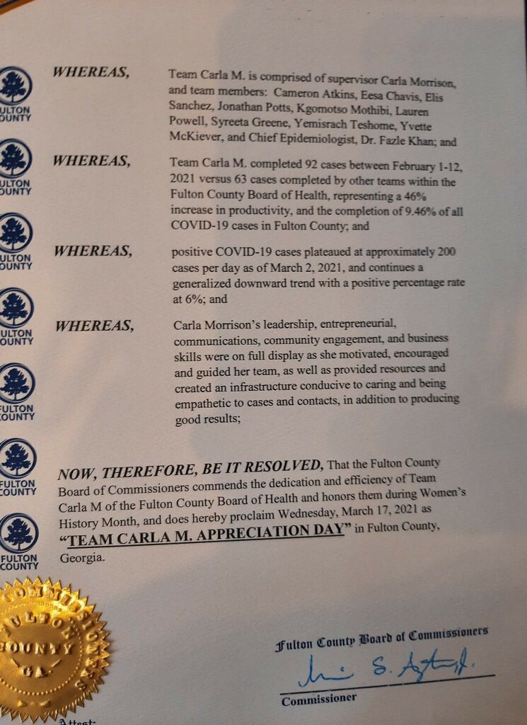 CarlaMorrison's tweet photo. As we close out #WomenHistoryMonth, I want to thank @FultonInfo Commissioner @marvinarrington, for acknowledging the hard work of my team &amp; I during this GLOBAL Pandemic #COVID19
#Proclamation
#COVID19ResponseTeam
#TeamCarlaM Appreciation Day 
#CaseInvestigators
#ContactTracers https://t.co/ekRfVMXrGF