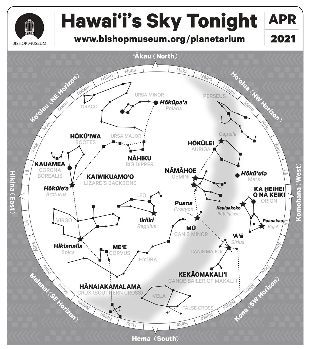 bishopmuseum's tweet photo. Happy Spring! April brings the return of Kaiwikuamoʻo to our evening skies. The Backbone traces a line across the sky from Hōkūpaʻa (the North Star) through the Big Dipper, to Hōkūleʻa and Hikianalia, and to Hānaiakamalama, the Southern Cross.
#StarsTonightHI
#BishopMuseum https://t.co/dsHv7A3vxe