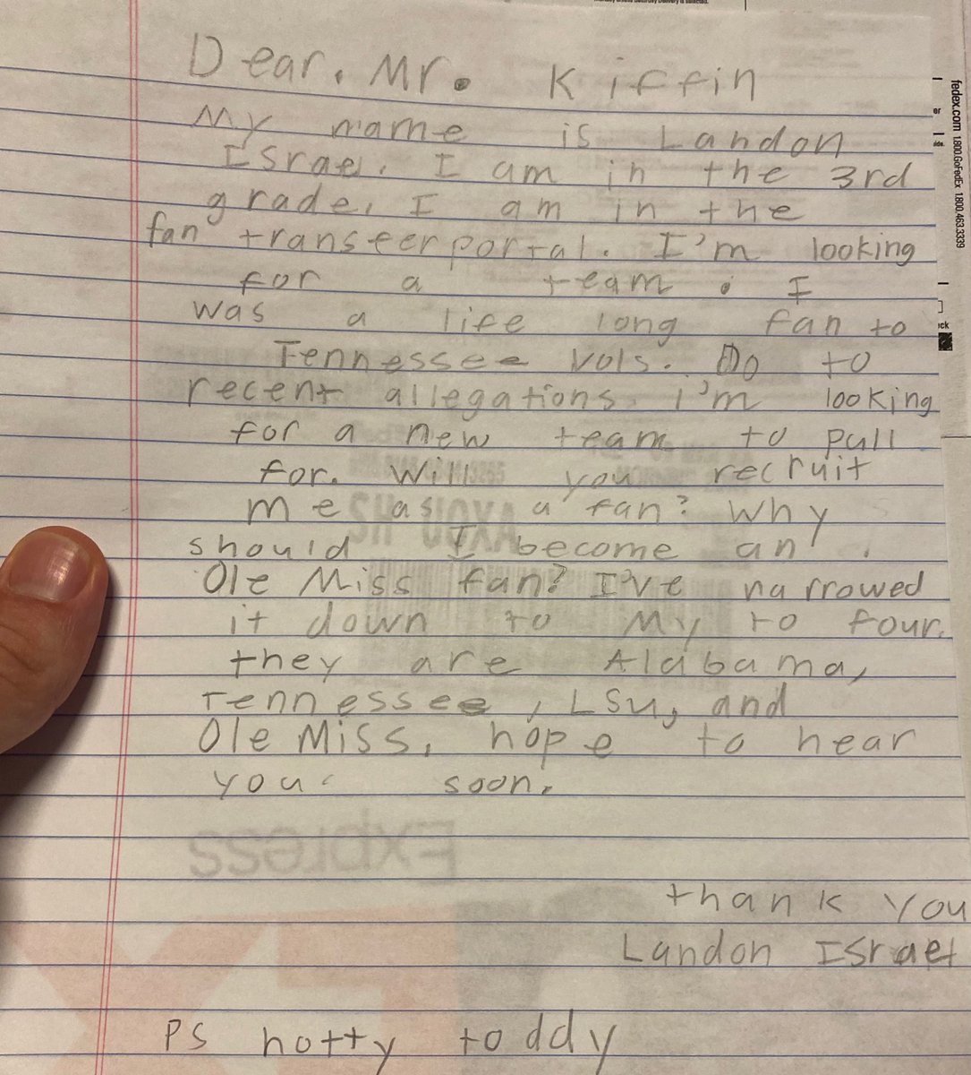 Lane_Kiffin's tweet photo. Fan Transfer Portal 5 ⭐️ Landon sent me this fantastic letter. Sounds like @Vol_Football is losing a great one #ComeToTheSip @OleMissFB @finebaum https://t.co/y4pwJ0HL6W