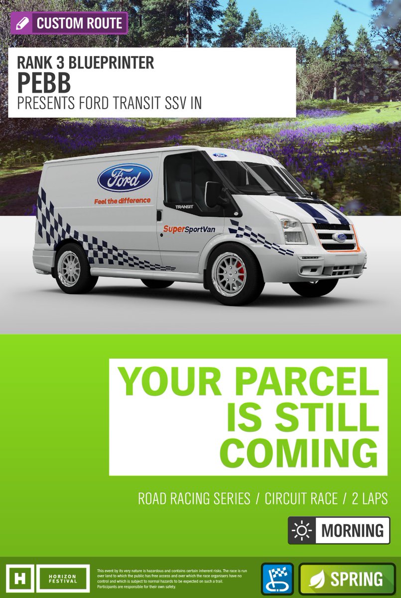 Mr_Pebb's tweet photo. [Your Parcel Is Stilll Coming || 177 258 975]
Car: Transit SuperSport Van
Route Length: 4.8 Miles

#ForzShare #XboxShare #ForzaHorizon #Forza #Xbox #ForzaHorizon4 #CustomRoute #RacingGame #Ferrari #XboxOne #XboxSeriesX https://t.co/Q8C3CzQgYb