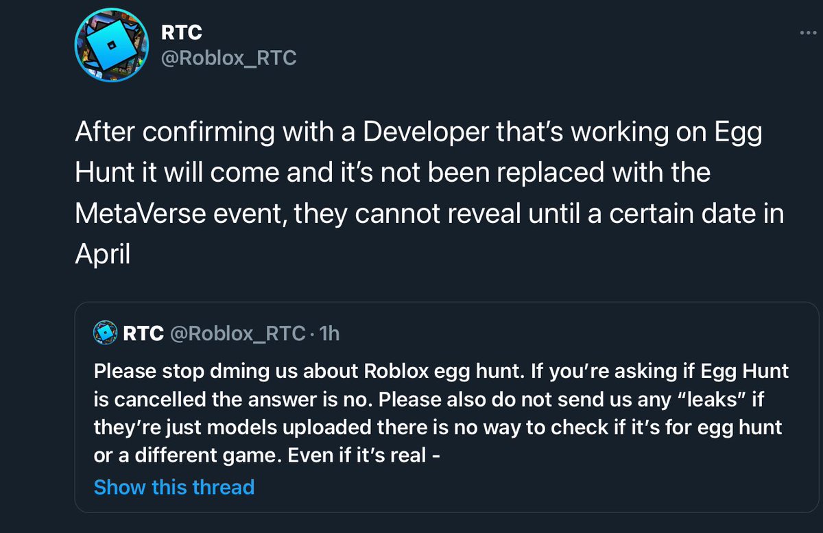 Rtc On Twitter The Anon Has Recieved Displinary Action And Or Suspension For Up To A Week For Posting False Information We Take Posting False Information Very Seriously And This Will Not Happen - roblox egg hunt twitter