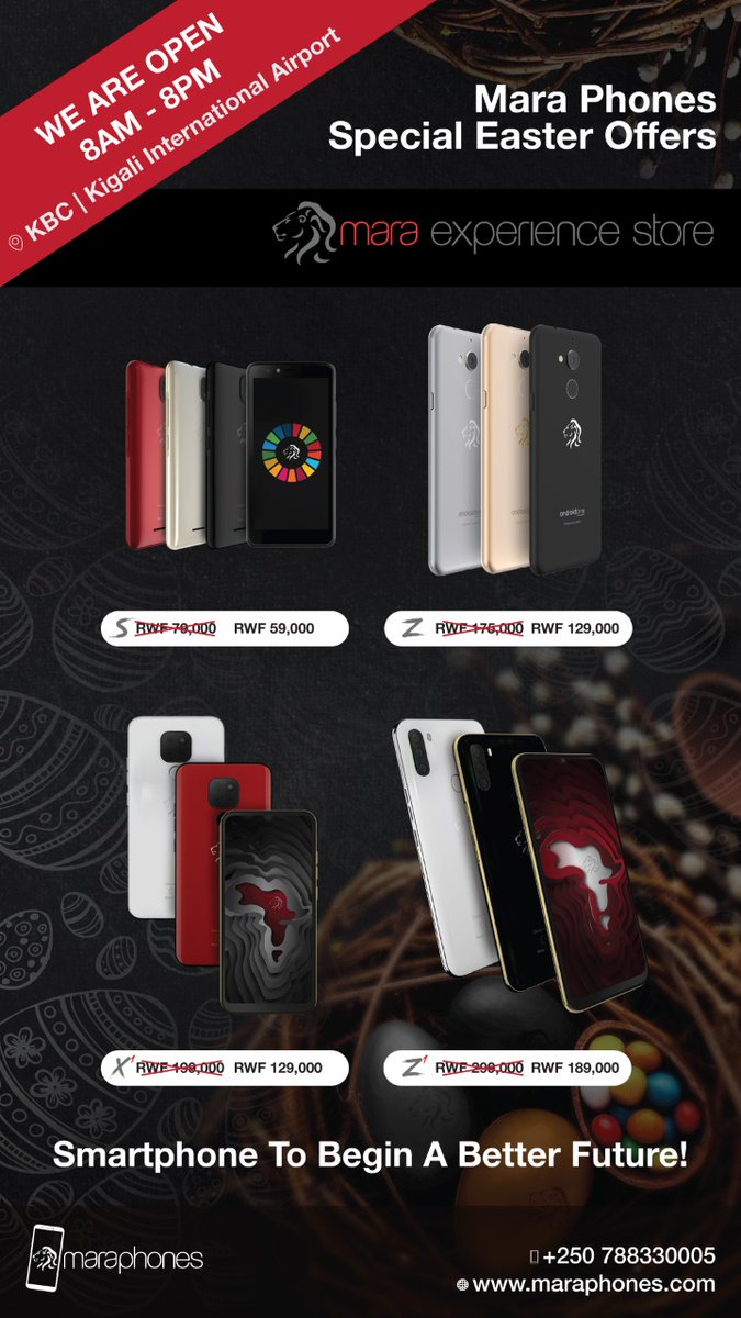 MaraPhones_RW's tweet photo. Easter Special Mara Phones Rwanda Great Deal 🇷🇼
Buy your smartphone this Easter!
Starting from RWF 59,000
Shop online https://t.co/smZKabTIbP
or visit Mara Experience Store
📍 Kigali Business Center
📍 Kigali International Airport
#Easter #MaraPhones #Smartphone #Android https://t.co/NyrO3qDj8O