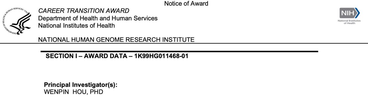 My wife has recently been awarded the highly competitive K99/R00 award from NHGRI, will develop new methods to study single-cell and spatial DNA methylation