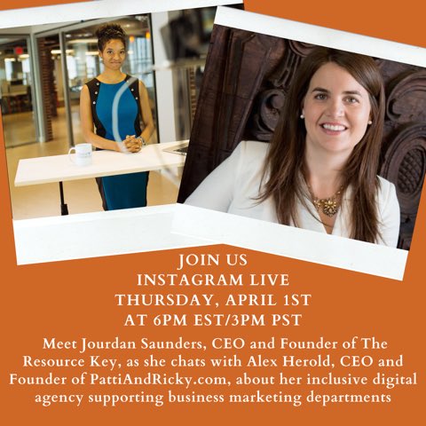PattiAndRicky_'s tweet image. Join us for an #InstagramLIVE TOMORROW, Thurs April 1st at 6 EST. Meet Jourdan Saunders, CEO and Founder of #TheResourceKey, as she chats with Alex Herold, CEO and Founder of PattiAndRicky.com, about her #inclusive digital agency supporting business marketing departments.