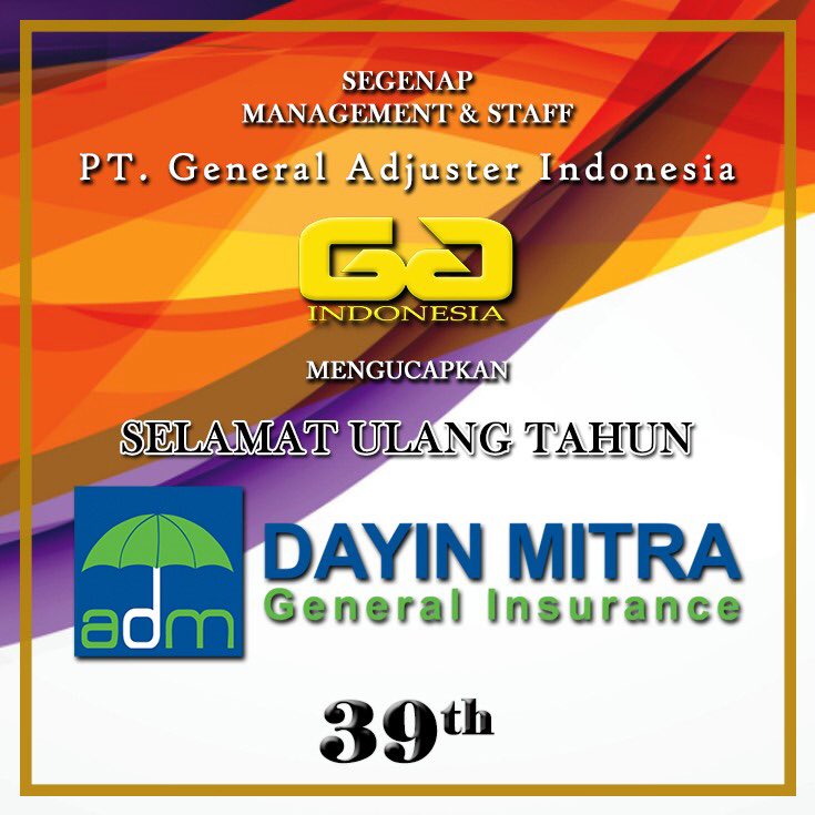 AdjusterGeneral's tweet photo. Segenap Management dan Staff PT. General Adjuster Indonesia mengucapkan Selamat Ulang Tahun PT. Asuransi Dayin Mitra ke-39 Semoga Sukses Selalu.
#happyaniversary 🥳🎂 #hutdayinmitra @dayinmitra https://t.co/KMI3DBhoRI