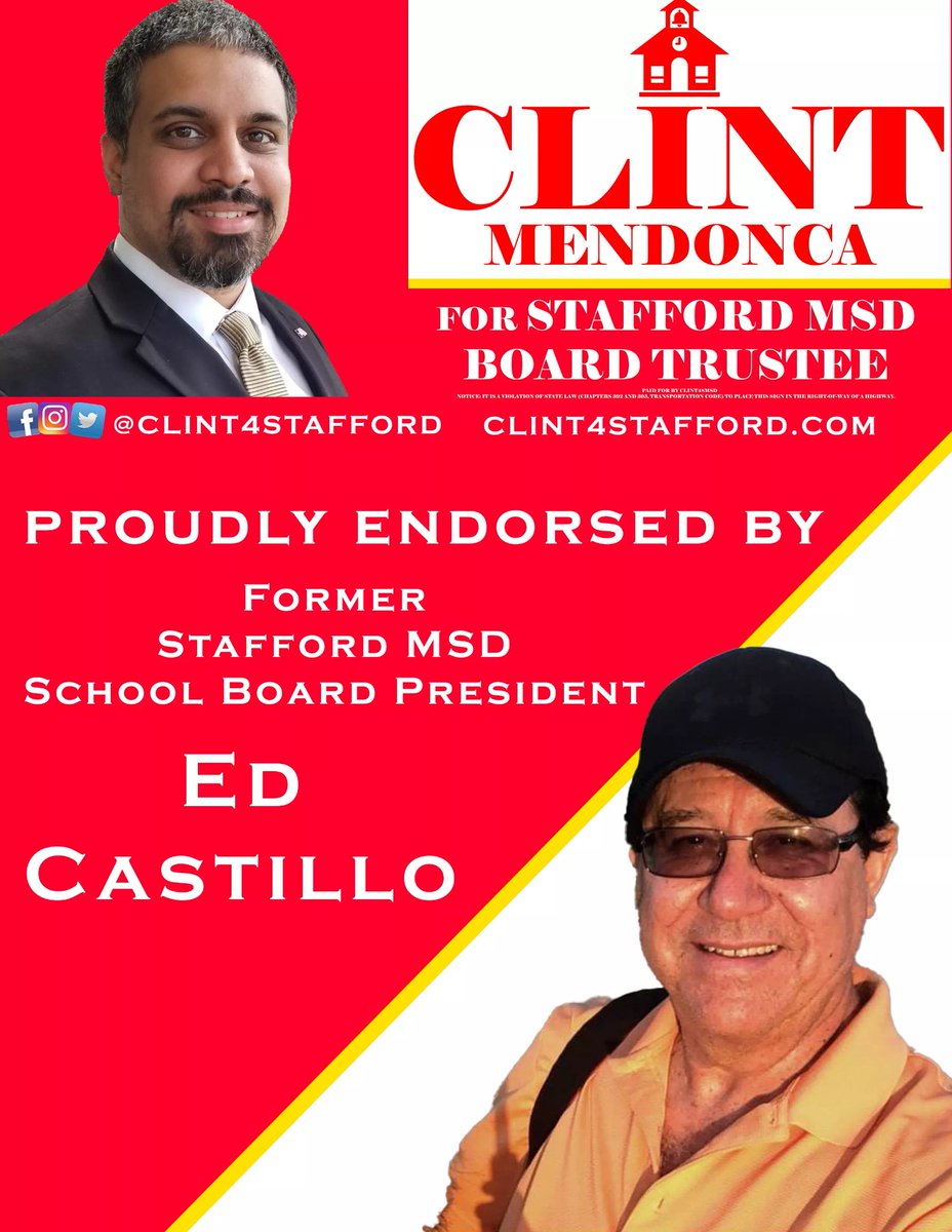 Clint4Stafford's tweet image. ENDORSEMENT ALERT

I&apos;m very thankful to have the endorsement of Ed &amp;amp; Lali Castillo.

Ed Castillo served on the Stafford MSD Board of Trustees from 2010-2014, most recently as the President of the Board.

#Clint4SMSD #Clint4Stafford
#CommittedtoSMSD #CommittedtoStafford