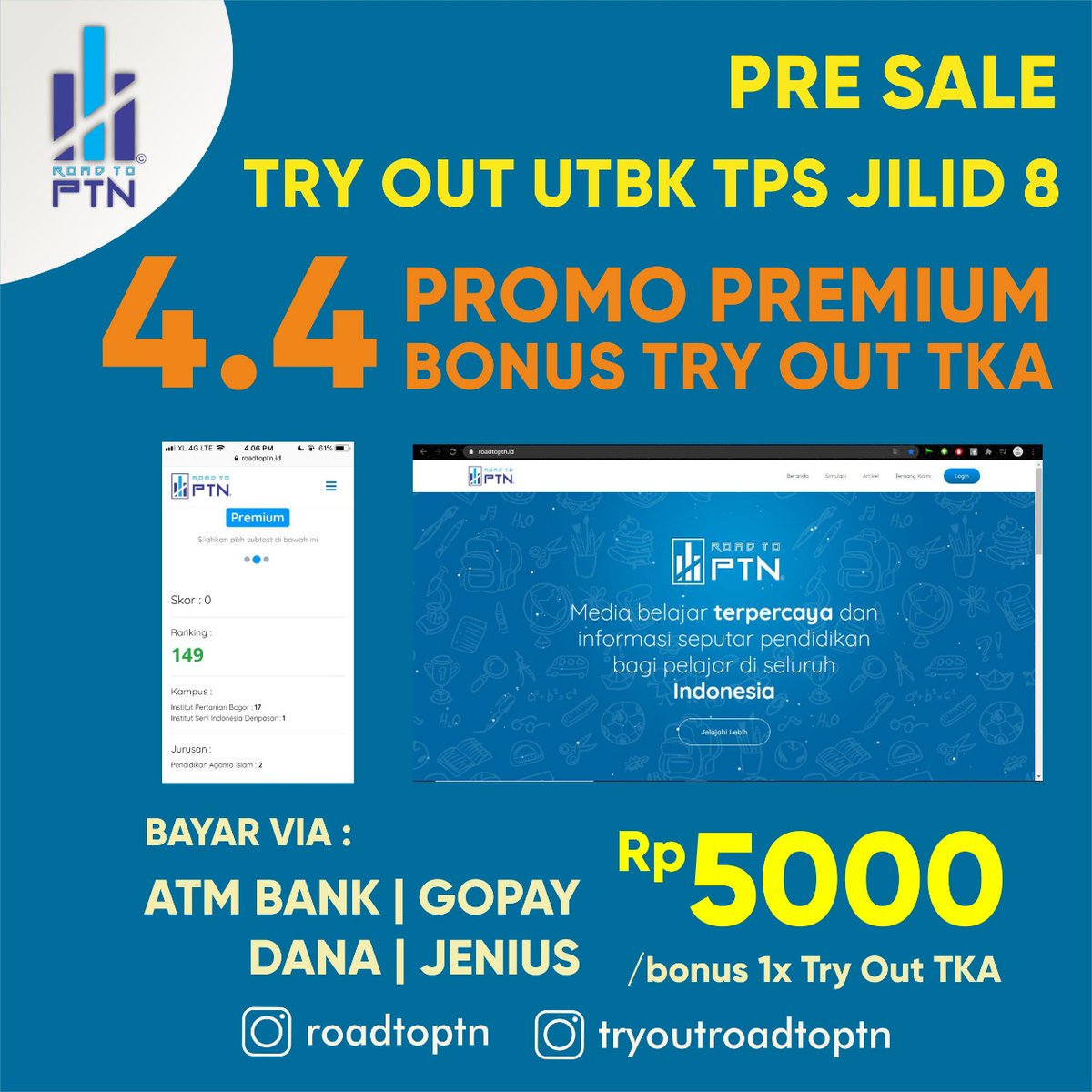 tryoutroadtoptn's tweet photo. [PRESALE TRYOUT UTBK TPS PREMIUM JILID 8 ROADTOPTN]

Halo guys! Tryout UTBK TPS 2021 Premium Jilid 8 dibuka nih, sesuai permintaan temen-temen untuk diadakan kembali Tryout Ke-8 oleh Road To PTN. Kesempatan emas ini hanya berlaku untuk 500 orang tercepat ✨ https://t.co/9RcIndxEf2