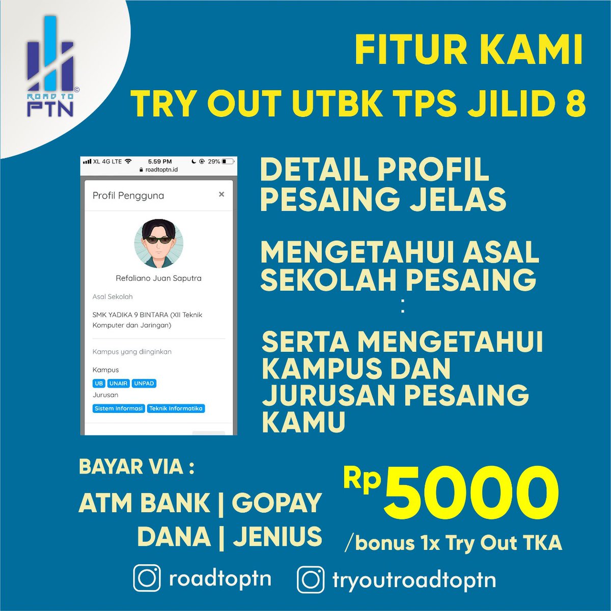 tryoutroadtoptn's tweet photo. [PRESALE TRYOUT UTBK TPS PREMIUM JILID 8 ROADTOPTN]

Halo guys! Tryout UTBK TPS 2021 Premium Jilid 8 dibuka nih, sesuai permintaan temen-temen untuk diadakan kembali Tryout Ke-8 oleh Road To PTN. Kesempatan emas ini hanya berlaku untuk 500 orang tercepat ✨ https://t.co/9RcIndxEf2