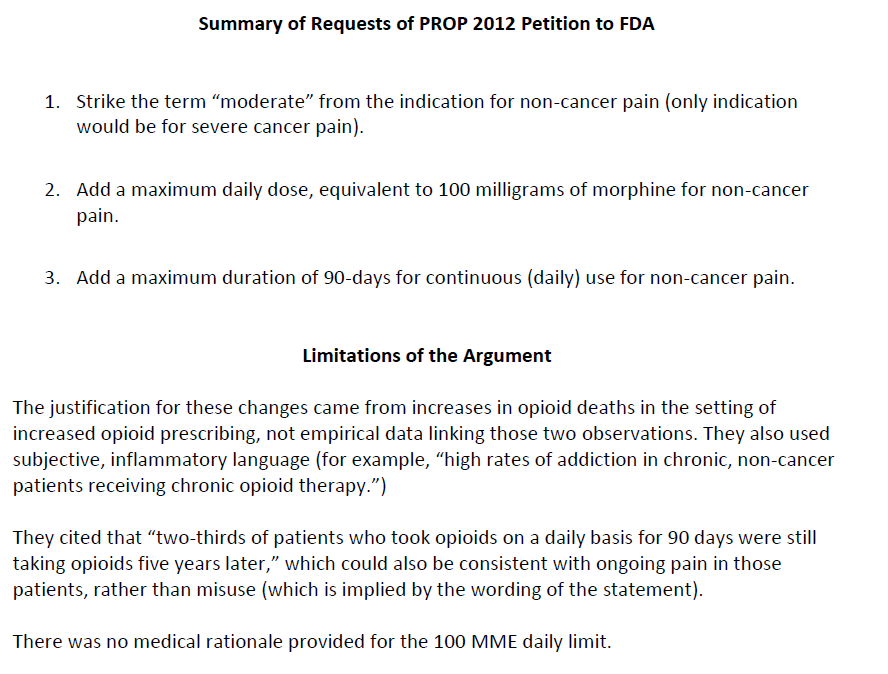 JSG_54's tweet photo. Here again PROP'S wrote request to FDA requesting label changes and restrictions on dosing at 100 MME. It's not a stretch to say PROP's were architects of CDC guidelines since CDC guidelines ended up with 90 MME cap. https://t.co/yXQxwf5apM
