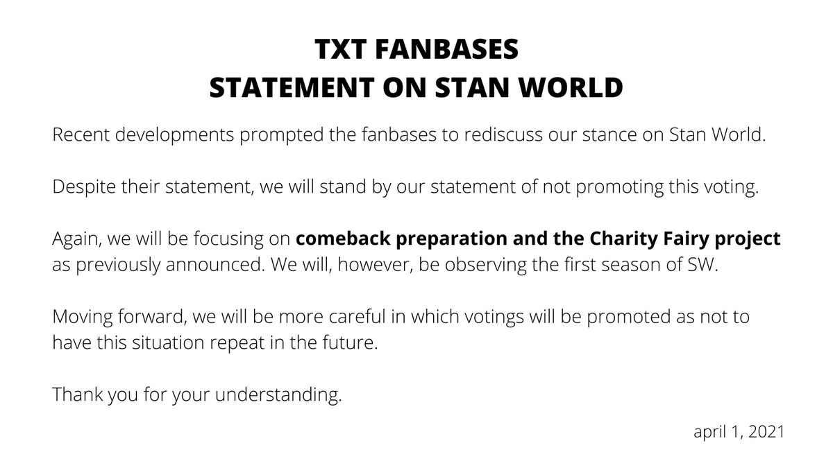 [TXT FANBASES STATEMENT ON ST/N W/RLD]

MOA, carefully read this statement from the fanbases about SW.

Prepare for comeback by collecting on all apps and streaming.

Let's work together for #TXT!

TEXT VERS. txt.do/tstnc

<a href="/TXT_bighit/">TXT OFFICIAL</a> <a href="/TXT_members/">TOMORROW X TOGETHER</a> #TOMORROW_X_TOGETHER