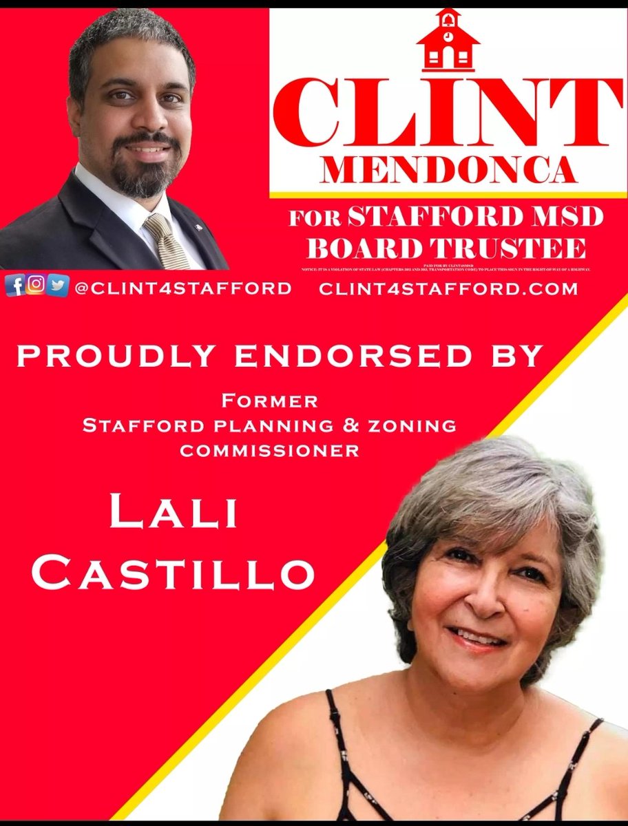 Clint4Stafford's tweet image. ENDORSEMENT ALERT

I&apos;m very thankful to have the endorsement of Ed &amp;amp; Lali Castillo.

Lali Castillo served on the Stafford Planning &amp;amp; Zoning Commission from 2009-2011.

#Clint4SMSD #Clint4Stafford
#CommittedtoSMSD #CommittedtoStafford