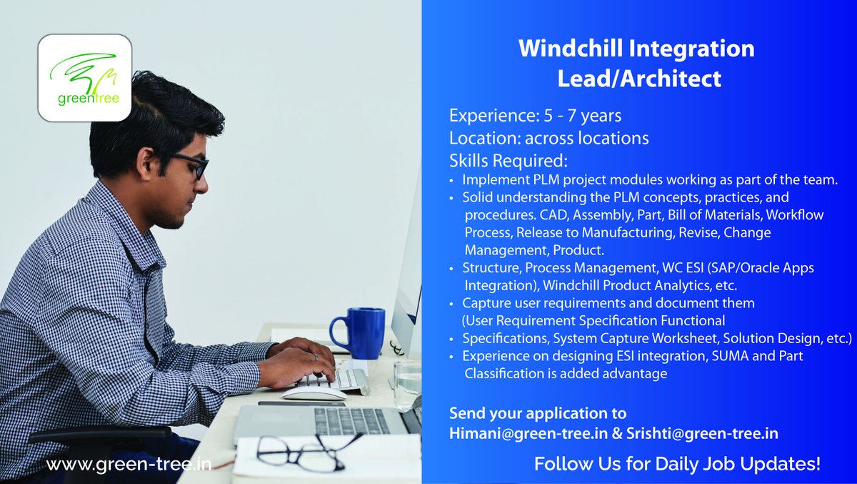GreentreeLtd's tweet photo. #HiringNow
Windchill Integration Lead/Architect 
Experience: 8-15 Years || across Locations

Send your application to himani@green-tree.in &amp; srishti@green-tree.in 

#plm #plmarchitect #oracle #sap #greentree https://t.co/5ammSXr5hv