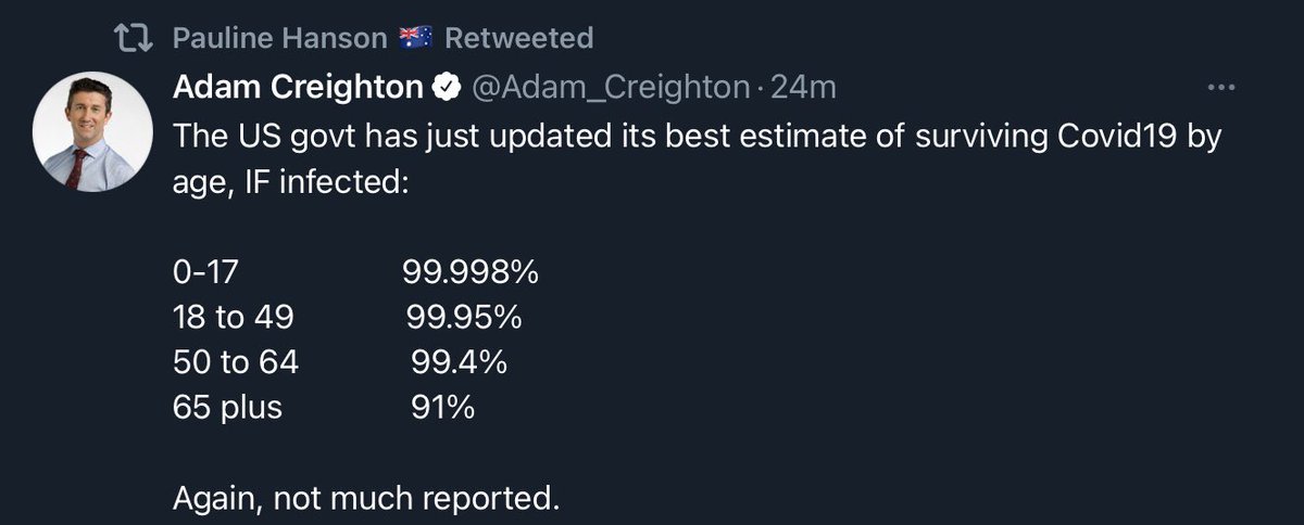 Pretty brave retweet from a party who’s supporters fall solidly in the higher risk category.  Oh and can some pls buy Adam a calculator: large numbers x small %s still equal lots of people dead