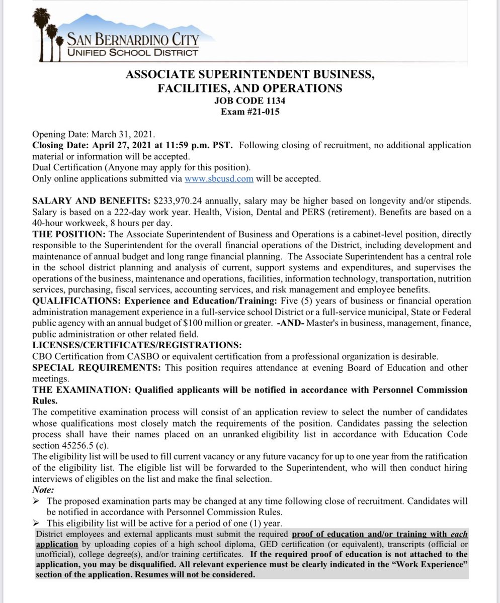 AstroKat9's tweet photo. San Bernardino City Unified School District is now accepting applications for the Associate Superintendent - Business, Facilities and Operations. Details on the flyer. 
 #hiringpost #education #humanresources  #businessandfinance #schooldistricts #sanbernardino @SB_CitySchools https://t.co/6n2yLZNnPT
