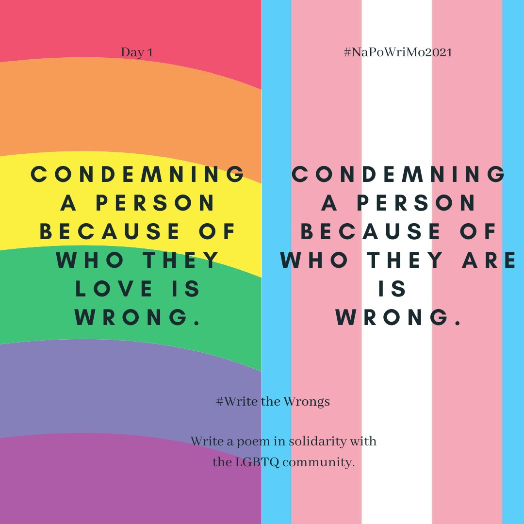 mypoetryschool's tweet photo. Welcome to National Poetry Writing Month 2021! 30 days, 30 poetry prompts! This first prompt asks us to #WriteTheWrongs of bigotry and hate, to write in solidarity with our queer friends, families, colleagues and the community. #NaPoWriMo2021 #TransDayOfVisibility https://t.co/IT7xYyAskM
