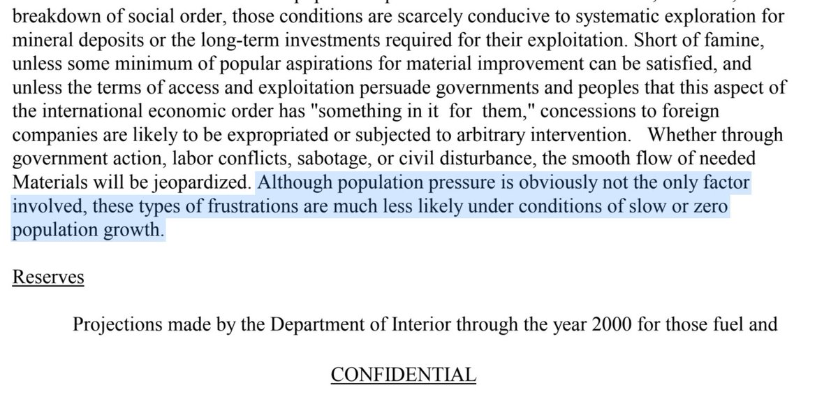 34/100: Again we have to look back into history, the Kissinger Report, 1974 ( https://bit.ly/3sFk9gQ ):"Although population pressure is obviously not the only factor involved, these types of frustrations are much less likely under conditions of slow or zero population growth."