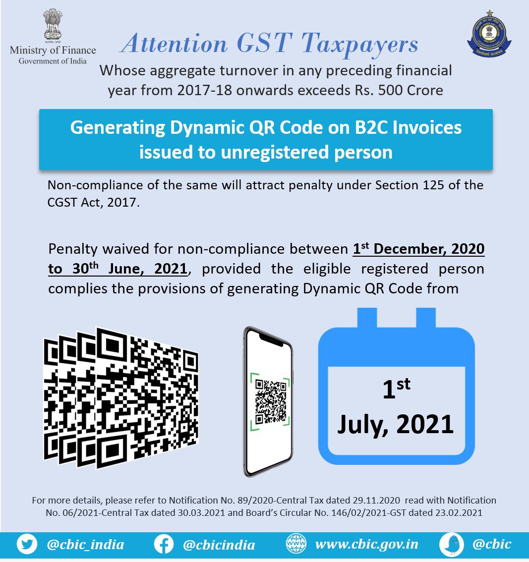 Attention GST Taxpayers whose aggregate turnover in any preceding financial year from 2017-18 onwards exceeds Rs.500 crore!

Generating Dynamic QR Code on B2C Invoices issued to unregistered person. Penalty waived for non-compliance subject to conditions provided 👇