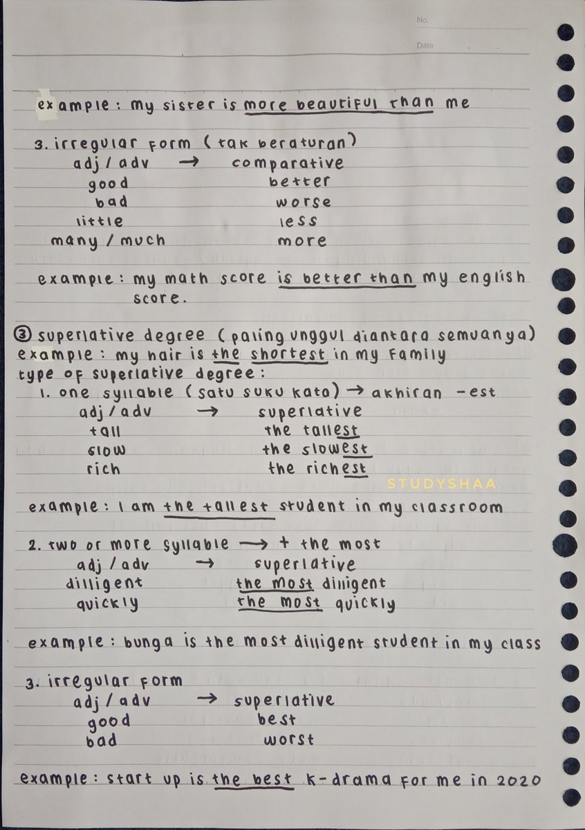 studyshaa's tweet photo. —CATATAN BAHASA INGGRIS KELAS 8 & 10
MATERI : DEGREES OF COMPARISON
feel free to save & use! semoga bermanfaat^^
keyword : degree of comparison, comparison degree, catetan, notes
#shasnotes #ambistwt #studytwt #AMBISVERSE #catatan https://t.co/XPHjbzFAa4