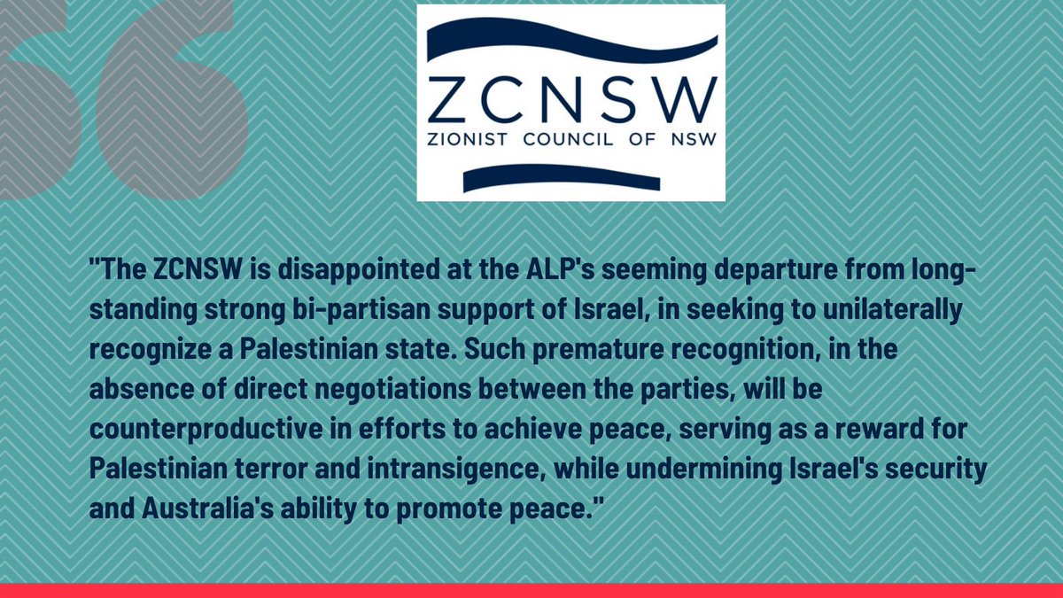 ZC_NSW's tweet photo. “The ZCNSW is disappointed at @AustralianLabor’s seeming departure from long-standing strong bi-partisan support of #Israel, in seeking to unilaterally recognize Palestinian state.”

Our full statement below &amp; more on #ALP conference by @aus_jewishnews 👉: https://t.co/6SjXuzwfp9 https://t.co/P77akVaI30