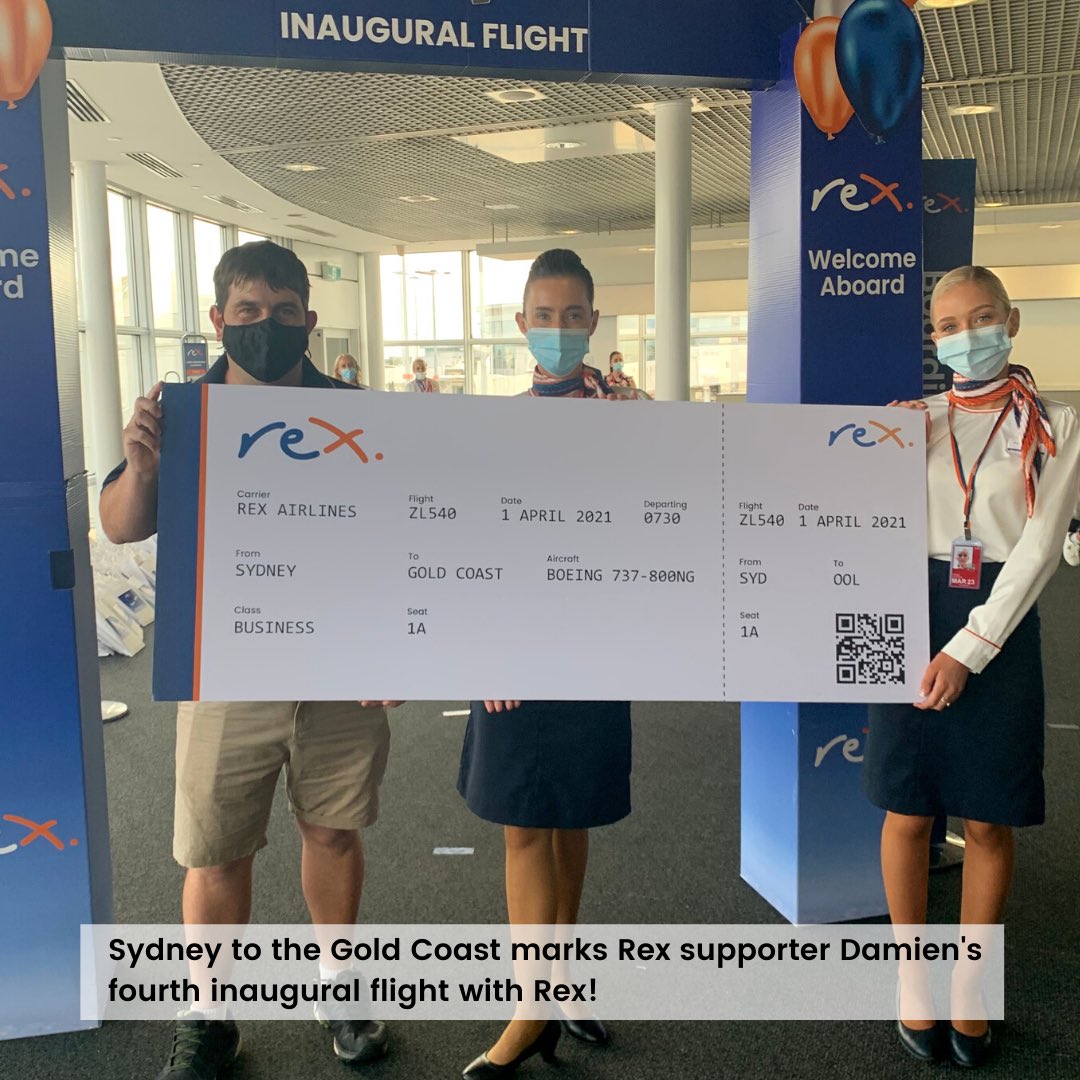 RexAirlines's tweet photo. An eventful week for Rex Airlines and we are closing off the inaugural events with Sydney & Gold Coast return flights. Fares are half-price from Sydney to the Gold Coast! Check out our website at https://t.co/Pv97NI06Jo to find out more.
#rexfirstflight #rexinaugural #rexdomestic https://t.co/jYJlWYufxh