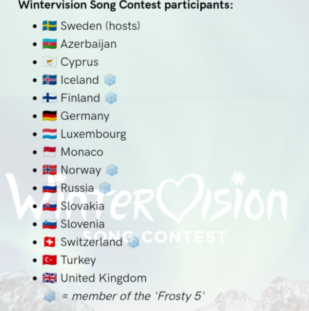 esc_play's tweet photo. Los "Frosty❄️5 de #Wintervision similar al BIG5 en Eurovision estarán automáticamente clasificados para la Grand Final. Estos son los primeros confirmados del festival de Invierno! Entérate de las reglas y los detalles aquí:
🔗https://t.co/e5gQEHnNs9
#Eurovision • #WSC2022 • https://t.co/rJ9Y47PrZ5