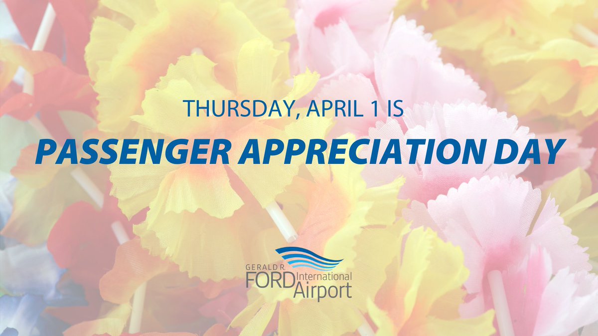 FlyGRFord's tweet photo. Good morning, #WestMichigan! If youโre getting ready to #FlyFord today, be sure to stop by our #PassengerAppreciation tables post-security. Between 4 a.m. โ 4 p.m., weโre sharing giveaways and goodies in celebration of YOU, our passengers! https://t.co/r2IpwYudVl