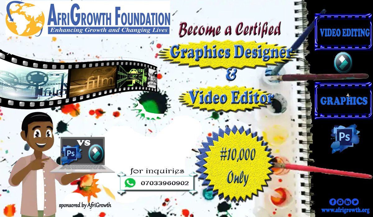 AfriGrowth's tweet photo. Become a professional, learning these skills and become self employed. AFRIGROWTH FOUNDATION is organising a training section on Graphics and video Editing. for more Enquires call +2347033960902. see flyers for more information (Abuja only) https://t.co/OifGjc4isK