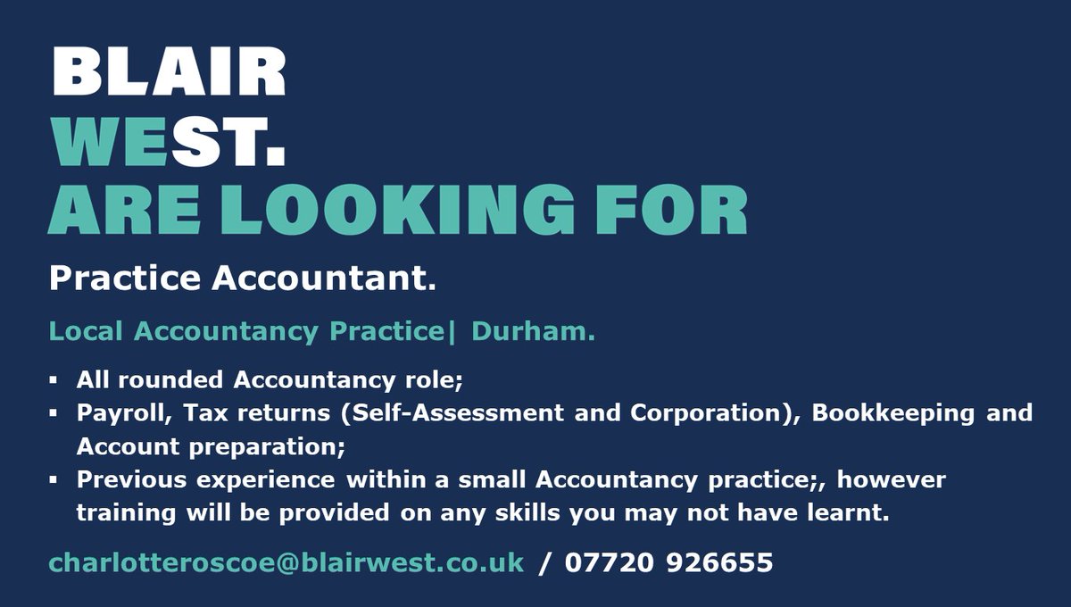 <a href="/_BlairWest/">Blair West</a> are delighted to be supporting a local #Accountancy Practice, who are part of larger national group, with their search for an #Accountant.
Charlotte is keen to speak to individuals with experience in #accounts preparation, self-assessment and corporation #tax returns.