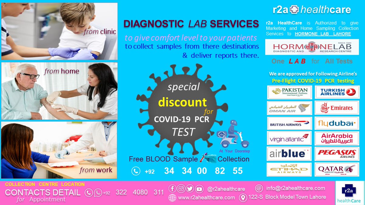 r2ahealthcare's tweet photo. PRE-FLIGHT COVID PCR TESTING
+92 322 4080 311
Email: info@r2ahealthcare.com
#COVID19 #preflightTesting #pcrtesting #airlines #HormoneLab #emirate #pegasus #malindoair #flydubai #PIA #emirates #AirArabia #britishairways #omanair #EtihadaAirways #QatarAirways #Airblue #SareneAir https://t.co/nbDwFaE7JL