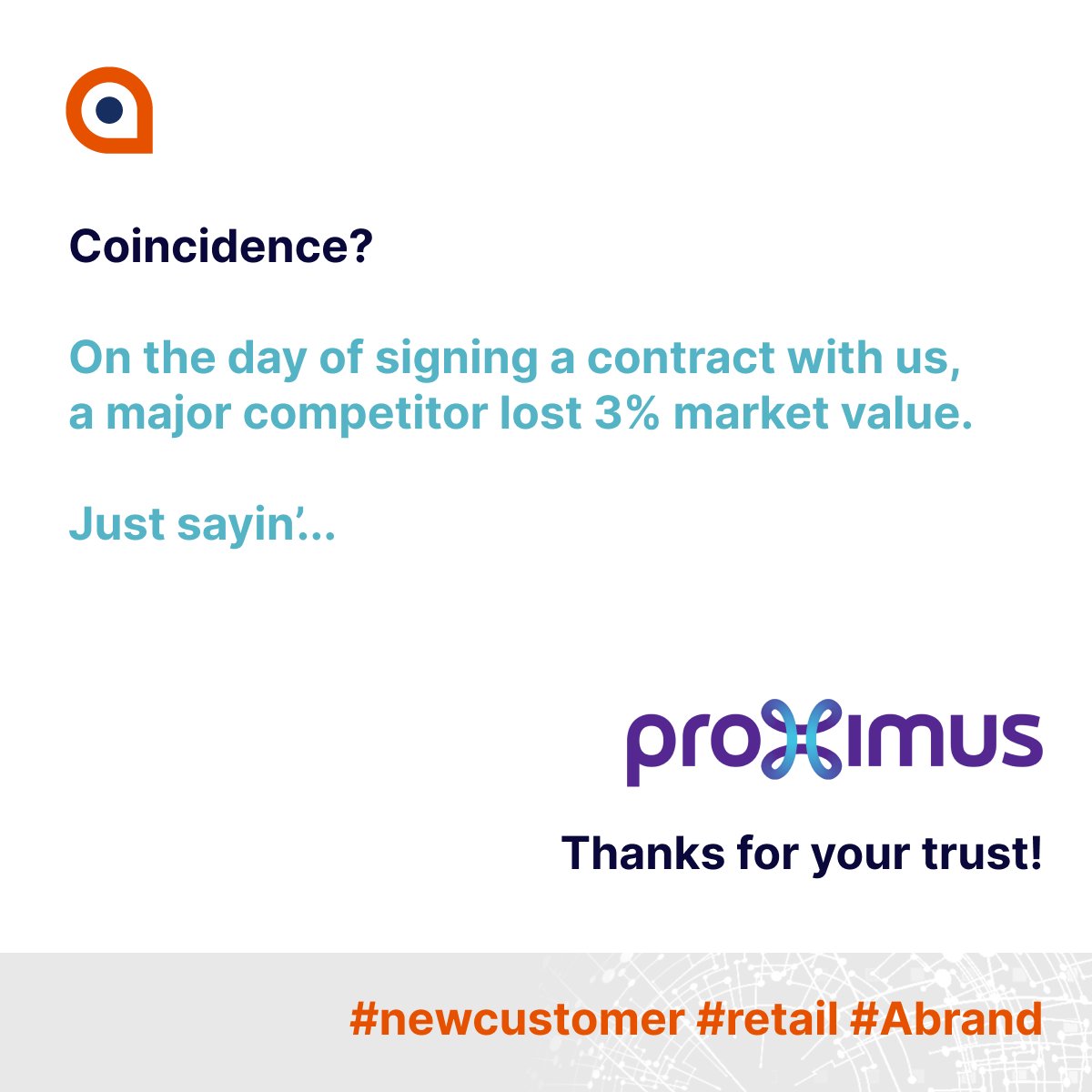 AccuratAI's tweet photo. #WIN #NEWCLIENT Today, we are proud to announce our first recent win. We have signed a long term collaboration with @proximus. More wins to be announced soon...

PS: Want to join us as a sales or data expert? Get in touch! #jobs #machinelearning #datascience #retailtech https://t.co/9EwTmQtBB1