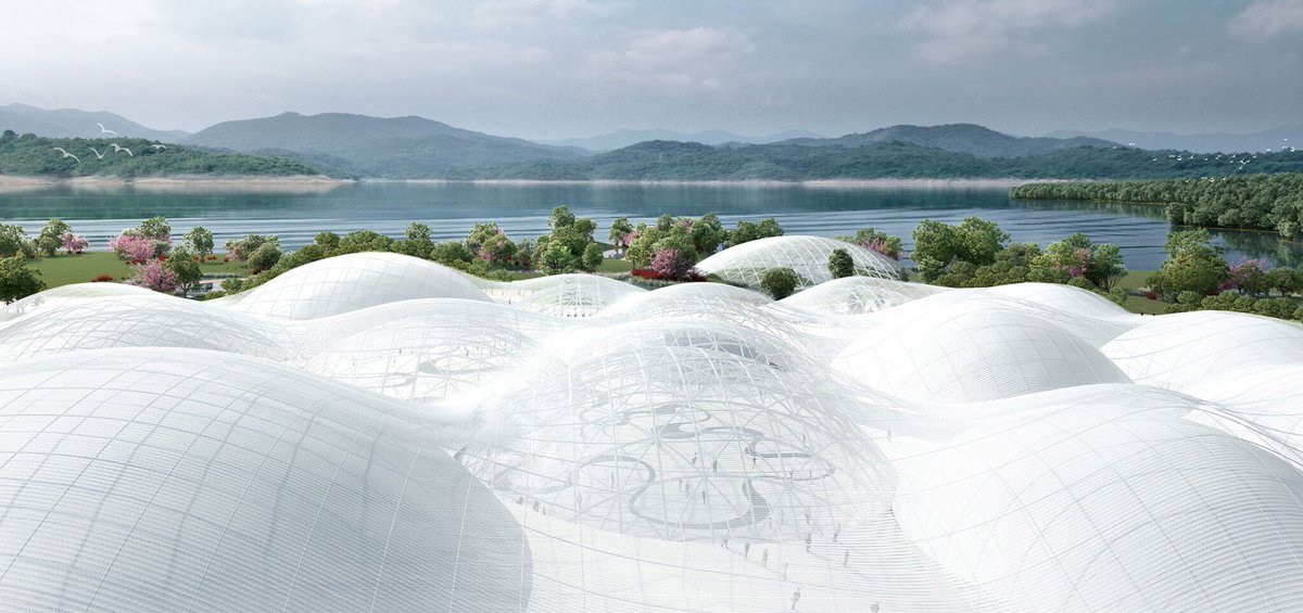 arquitect_viva's tweet image. Combinando elementos de la cultura local y el lugar donde se emplaza, el diseño evoca una nube ligera que emerge entre las montañas y el mar. Los espacios flexibles y continuos sin columnas experimentan con la alternancia del vacío y la solidez, las luces y las sombras.