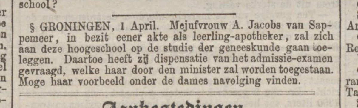 univmuseum's tweet photo. Eén van de beste 1-aprilgrappen uit de geschiedenis vond precies 150 jaar geleden plaats: er zou een vrouw gaan studeren @univgroningen. 😂😂

Dit stond in 1871 in het Algemeen Handelsblad (kennen we na als @nrc).  

#1april https://t.co/myMuIee8j7