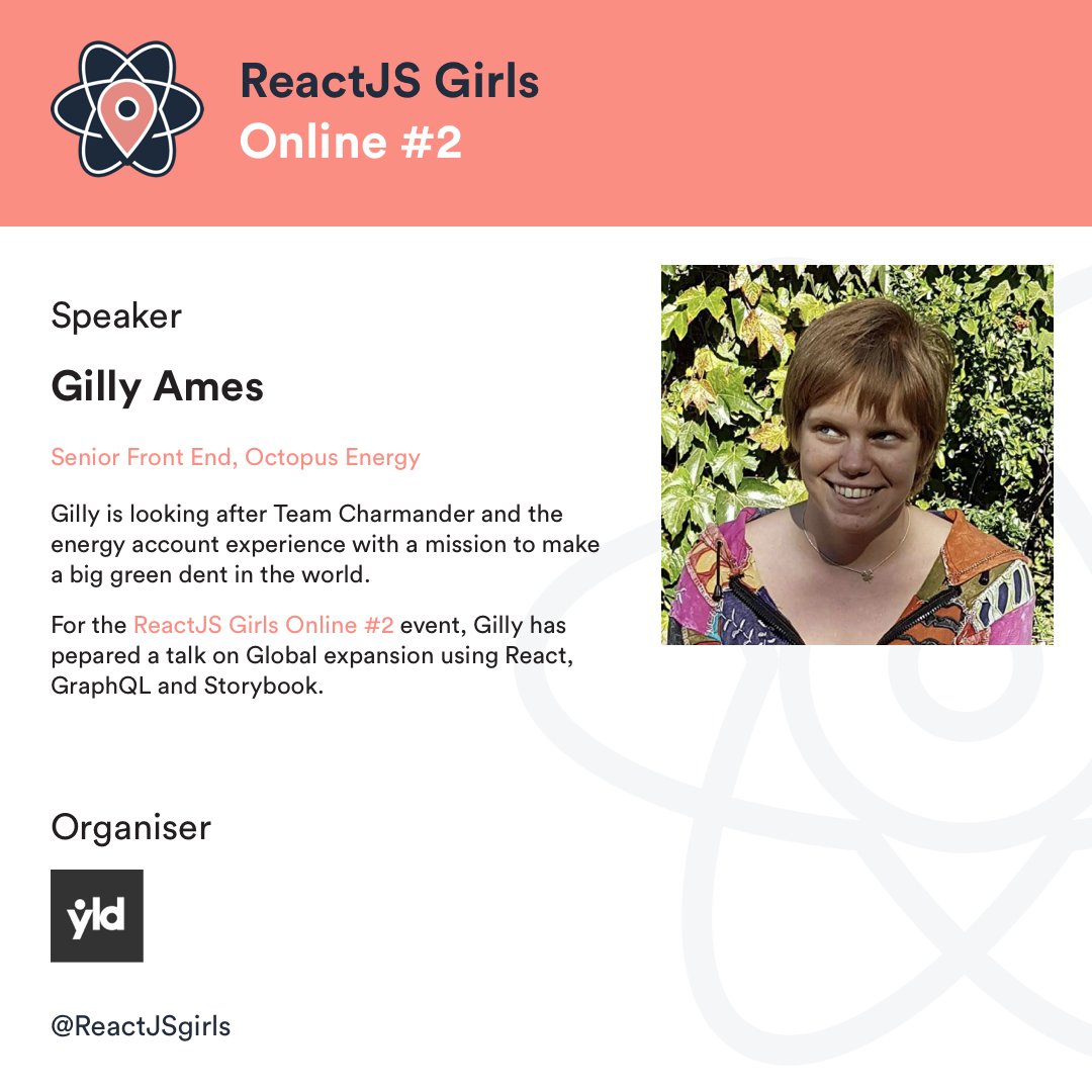 ReactJSgirls's tweet image. Second Speaker announcement! Join us and @SoEclecticGames, front end team lead at @octopus_energy, on the 22nd April at 5pm GMT where she will talk on global expansion using #ReactJS, #GraphQL and #Storybookjs. Can't wait for this one! Sign up now: link.yld.io/Ym7vEH