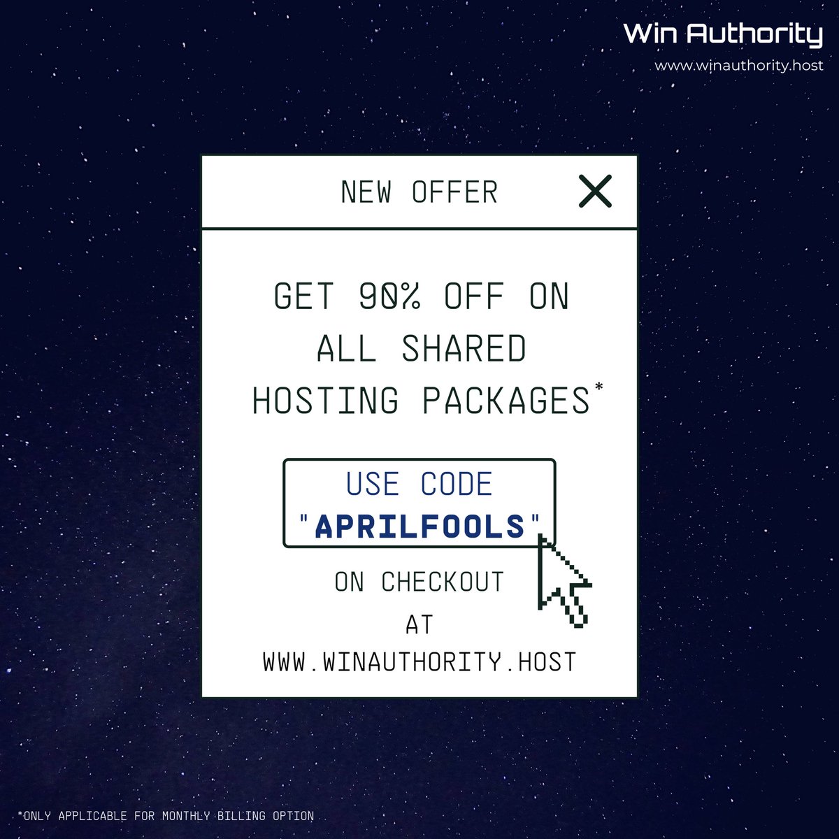 WinAuthority's tweet photo. Enjoy an exclusive offer to kickstart the month of April ๐ฅณ.
Use the code โAPRILFOOLSโ to get 90% off on any of our shared hosting packages ๐
Visit https://t.co/5pZjXZernr to get your hosting!
#webhosting #webhostingoffer #offers https://t.co/AMMFfXq1Sd