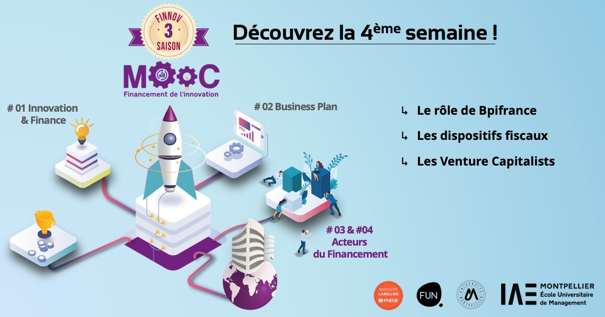 Cette semaine, découvrez la suite du module des acteurs du #financement de l’innovation: 🎥le rôle de <a href="/Bpifrance/">Bpifrance</a>, les dispositifs fiscaux &amp; les fonds de capital-risque.
👏Un grand merci aux intervenants : A. Darnige, O. Laboury-Barthez, B. Marrel, M. Ekeland &amp; L. Soubeyrand